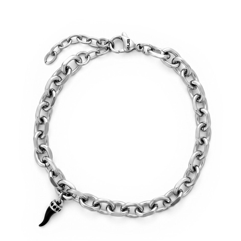 Bracciale Uomo 4US Cesare Paciotti a Catena 4UBR8951 in Acciaio Argentato con Ciondolo Cornetto Nero - cesare paciotti