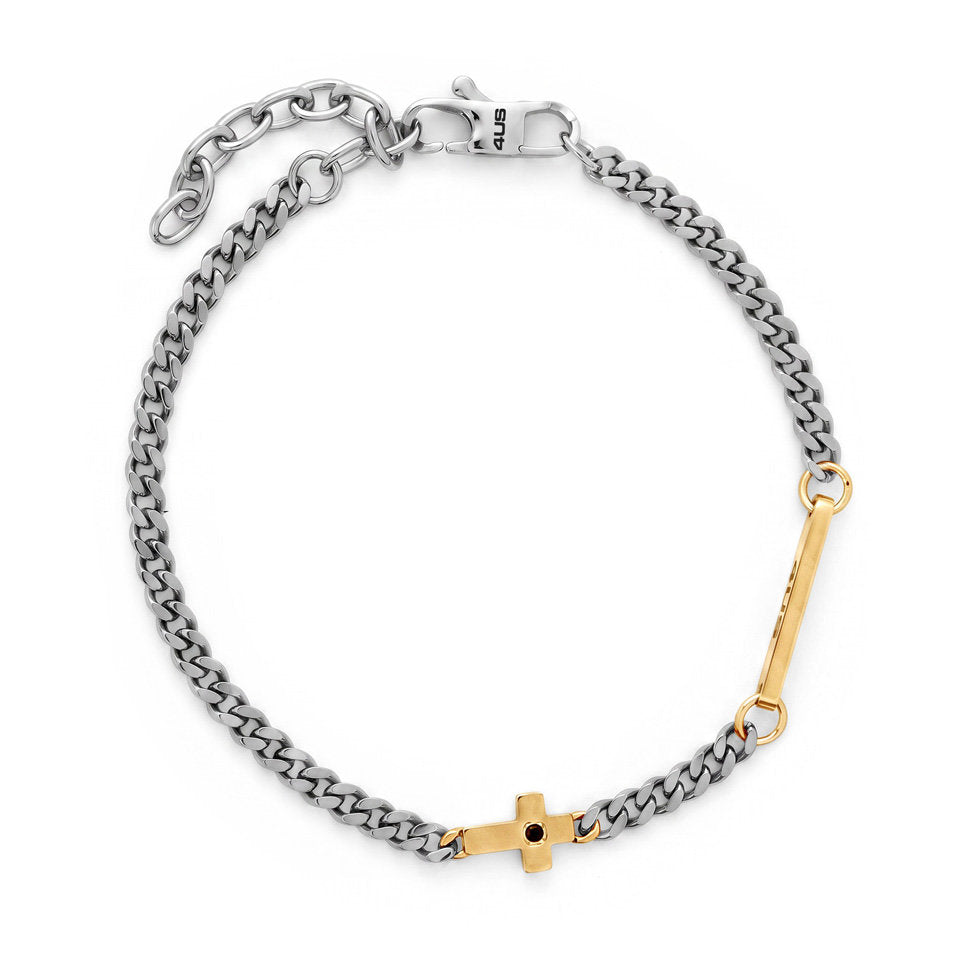 Bracciale Uomo 4US Cesare Paciotti 4UBR8959 in Acciaio Bicolore con Piastrina, Croce e Zircone Nero - cesare paciotti