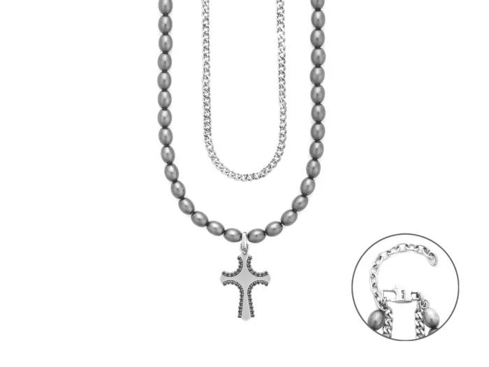 Collana Uomo Cesare Paciotti 4US Doppia Perle Acciaio e Croce Gotica 4UCL8512 - cesare paciotti
