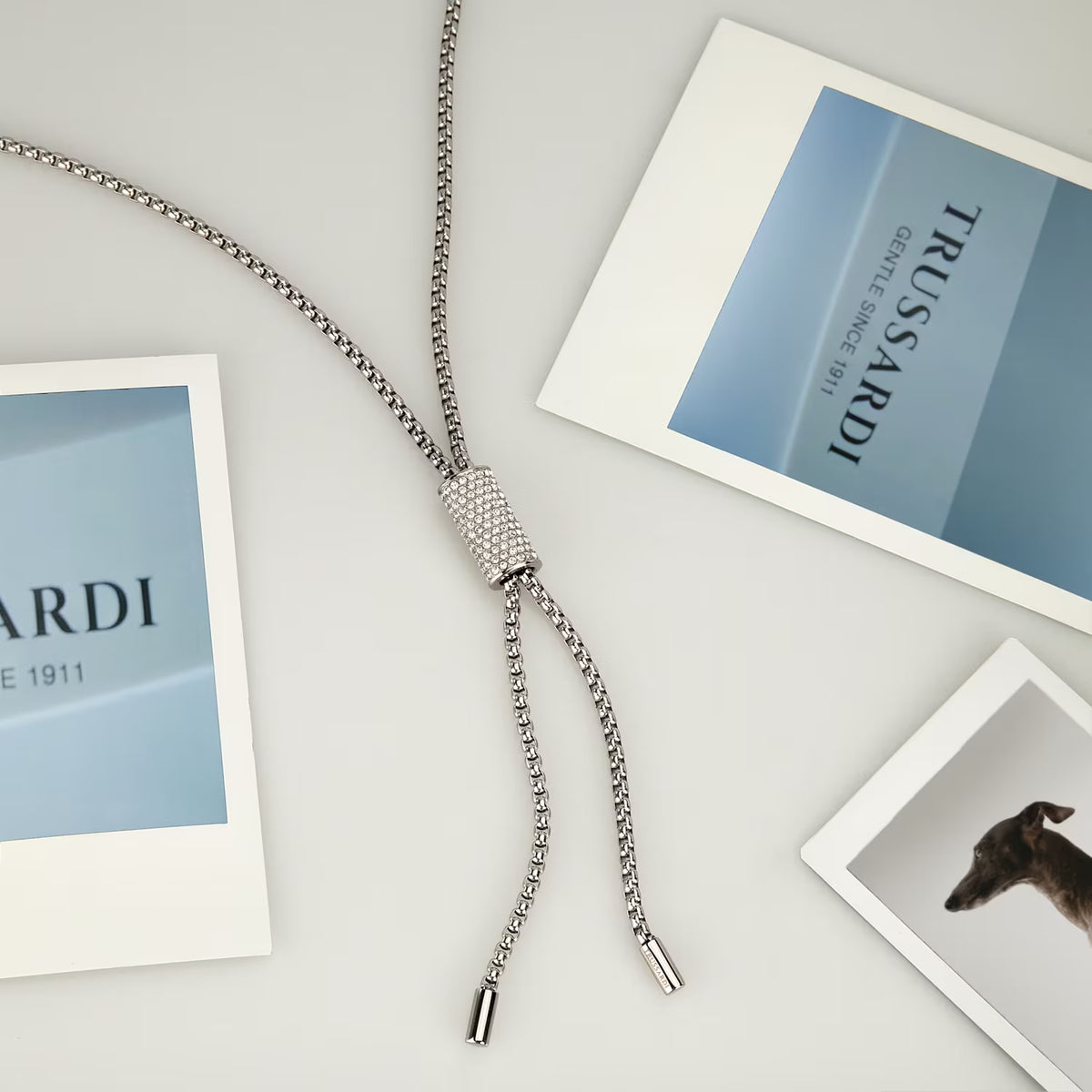 Collana Donna Trussardi T-Design Lunga con Pendente in Acciaio Silver e Cristalli Bianchi TJAXA44 - Arena Gioielli - Trussardi