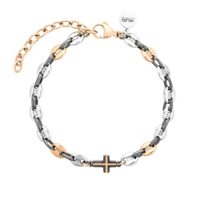 Bracciale Uomo 4US Cesare Paciotti in Acciaio, PVD Gun e Rosé con Croce – 4UBR8468