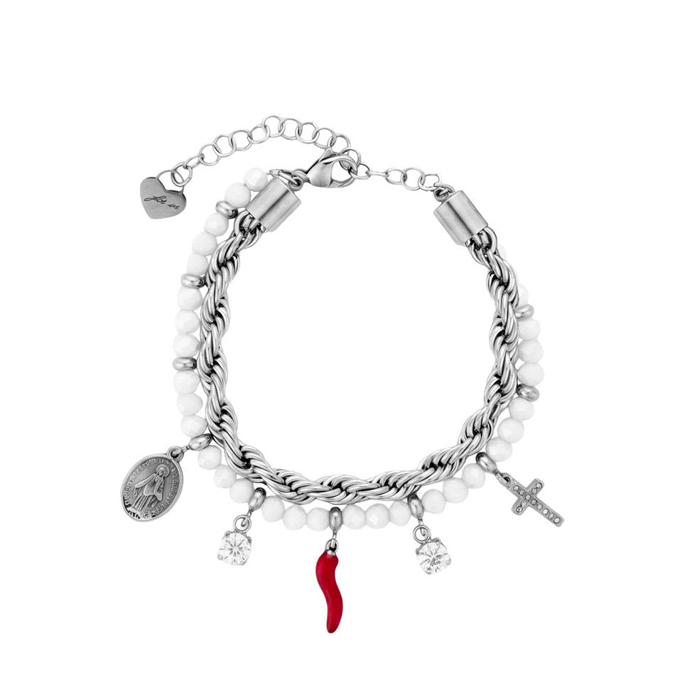 Bracciale Donna Cesare Paciotti 4US 4UBR8995W Multifilo in Acciaio con Perline Bianche, Charm Cornetto Rosso, Cristalli, Croce e Medaglia Miracolosa - Arena Gioielli