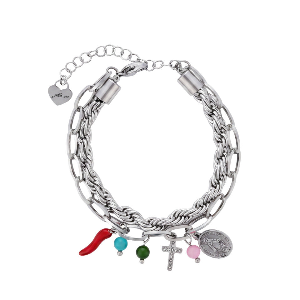 Bracciale Donna Cesare Paciotti 4US 4UBR8996W Multifilo in Acciaio con Charm Portafortuna, Perline Colorate, Croce e Medaglia Miracolosa - Arena Gioielli - cesare paciotti