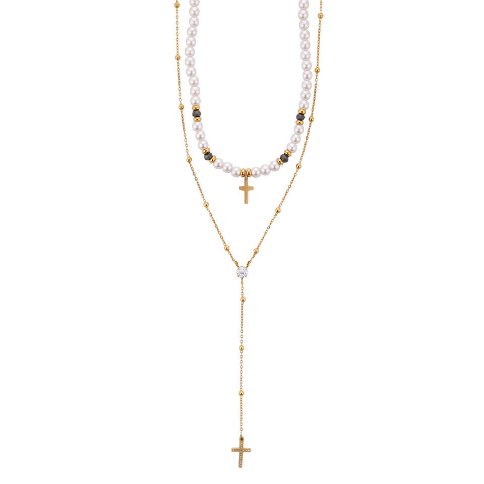 Collana Donna Cesare Paciotti 4US 4UCL9000W Rosario a Due Fili in Acciaio Dorato, Perle e Croce - Arena Gioielli - cesare paciotti