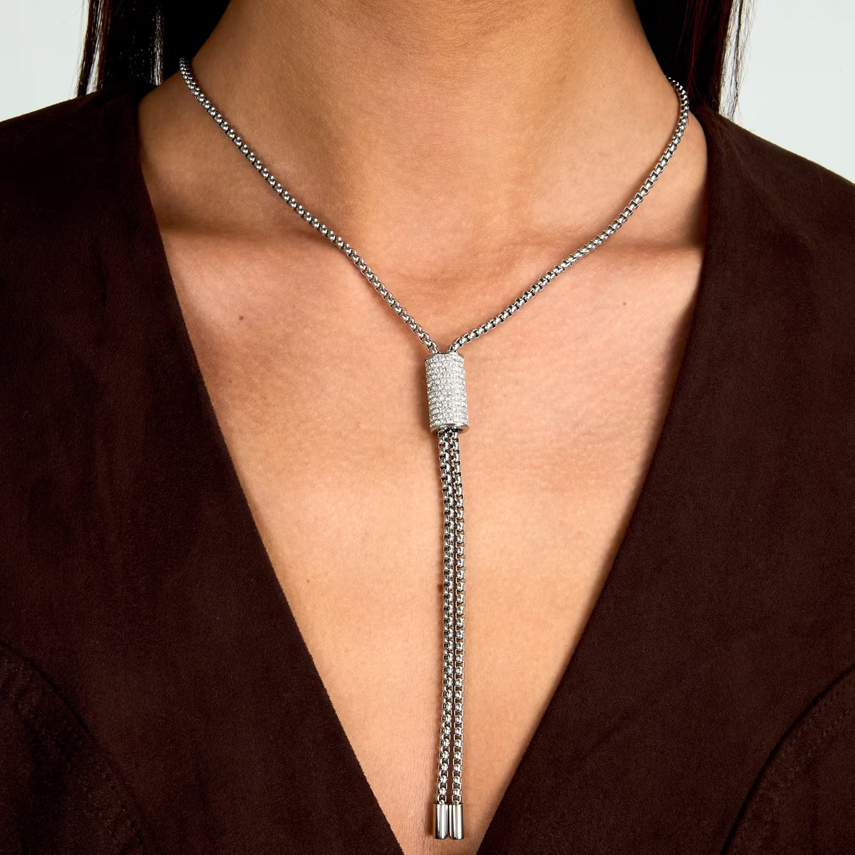 Collana Donna Trussardi T-Design Lunga con Pendente in Acciaio Silver e Cristalli Bianchi TJAXA44 - Arena Gioielli - Trussardi