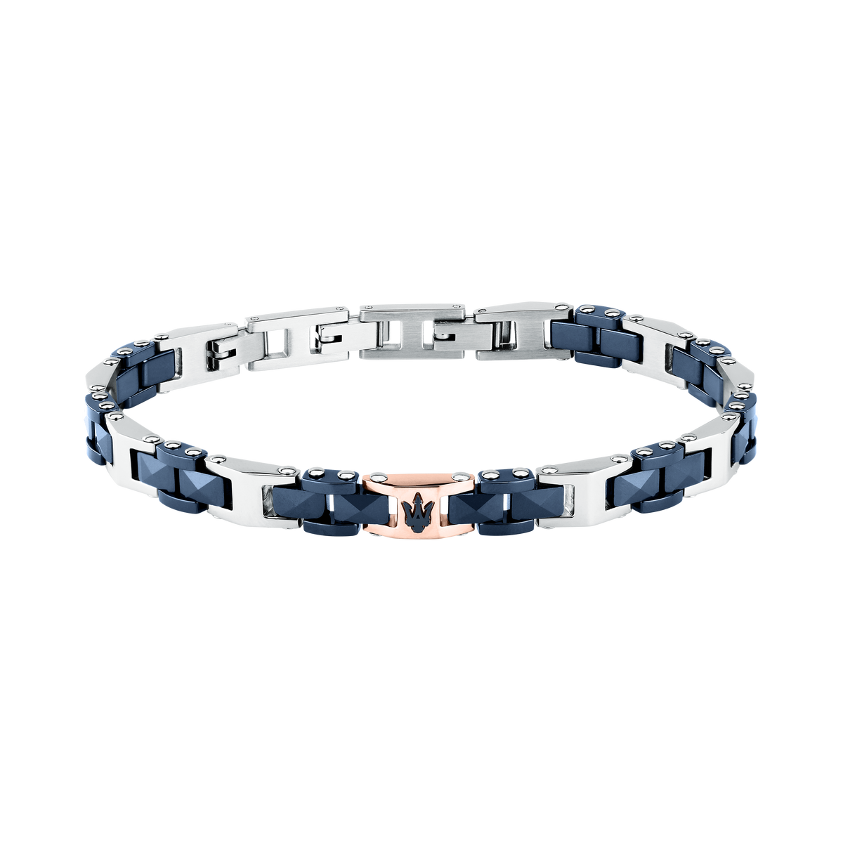 Bracciale Uomo Maserati Ceramic a Catena in Acciaio e Ceramica Blu con Tridente Rose Gold JM426ATZ97 - Maserati