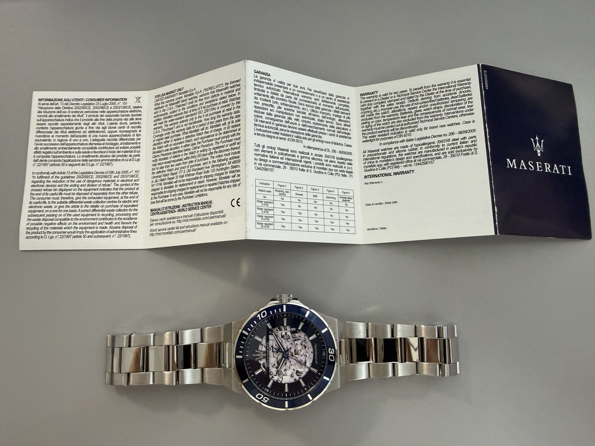 Orologio Uomo Maserati Sfida Automatico Skeleton in Acciaio Silver con Quadrante Blu R8823140019 - Arena Gioielli - Maserati