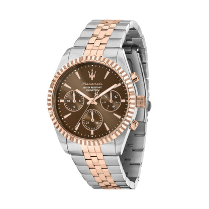 Orologio Uomo Maserati Competizione Multifunzione in Acciaio Bicolore Silver e Rose Gold con Quadrante Marrone R8853100049