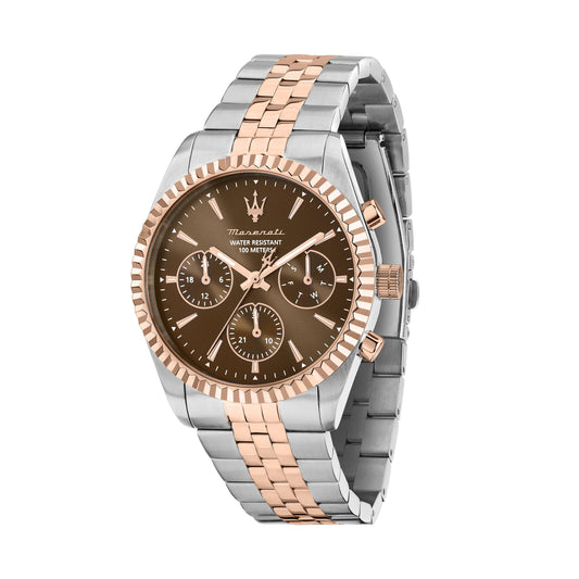 Orologio Uomo Maserati Competizione Multifunzione in Acciaio Bicolore Silver e Rose Gold con Quadrante Marrone R8853100049 - Arena Gioielli - Maserati