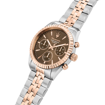 Orologio Uomo Maserati Competizione Multifunzione in Acciaio Bicolore Silver e Rose Gold con Quadrante Marrone R8853100049