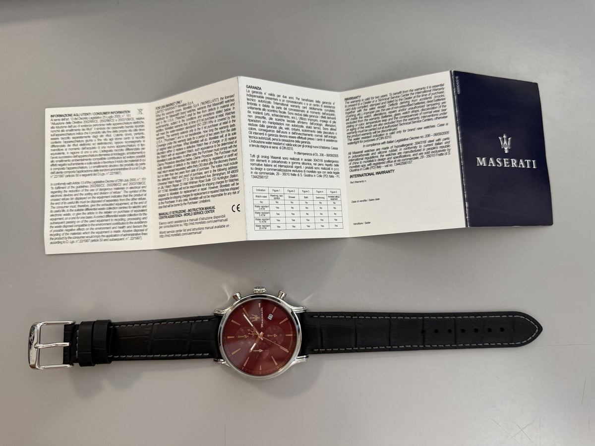 Orologio Uomo Maserati Epoca Cronografo in Acciaio Silver e Pelle Nera R8871618021 - Arena Gioielli - Maserati