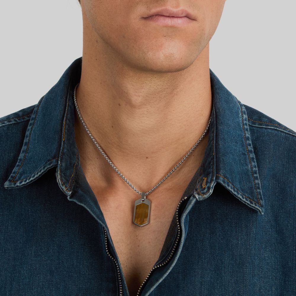 Collana Uomo Morellato Terra SBKA01 in Acciaio Silver con Pendente in Pietra Occhio di Tigre Marrone 50+5 cm - Arena Gioielli - Morellato