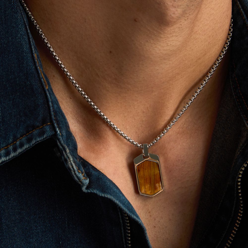 Collana Uomo Morellato Terra SBKA01 in Acciaio Silver con Pendente in Pietra Occhio di Tigre Marrone 50+5 cm - Arena Gioielli