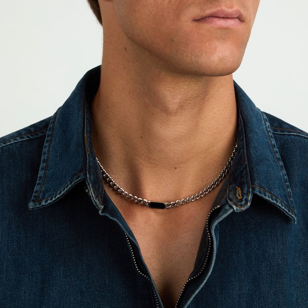 Collana Uomo Morellato Terra SBKA03 in Acciaio Silver con Maglia Chain e Inserto in Pietra Occhio di Tigre Blu 50 cm - Arena Gioielli - Morellato