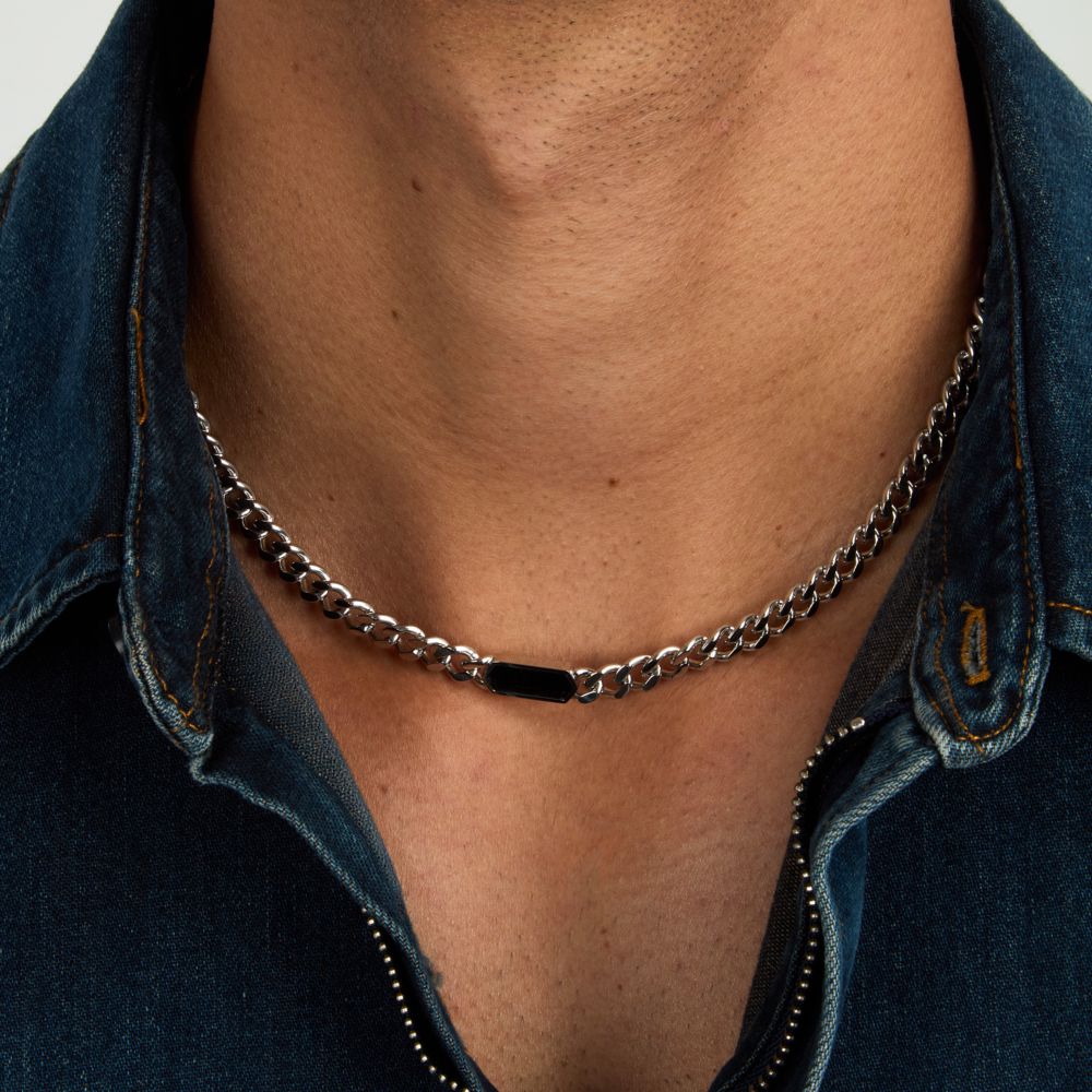 Collana Uomo Morellato Terra SBKA03 in Acciaio Silver con Maglia Chain e Inserto in Pietra Occhio di Tigre Blu 50 cm - Arena Gioielli - Morellato