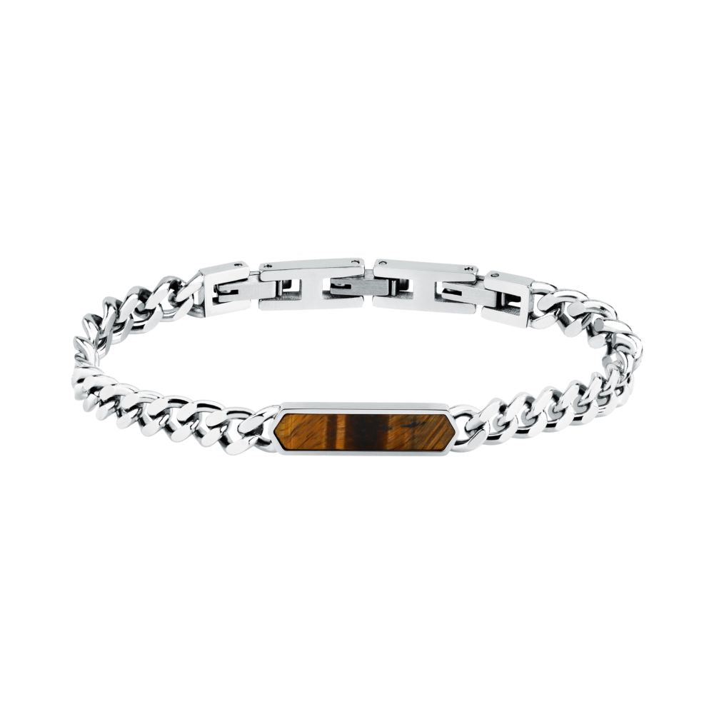 Bracciale Uomo Morellato Terra SBKA05 in Acciaio Silver con Maglia Chain e Inserto in Pietra Occhio di Tigre Marrone 18,5+3 cm - Arena Gioielli