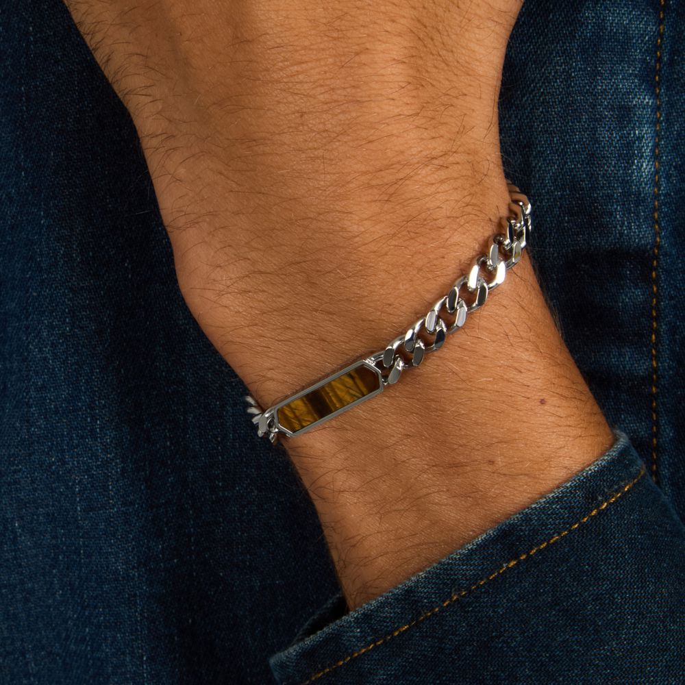 Bracciale Uomo Morellato Terra SBKA05 in Acciaio Silver con Maglia Chain e Inserto in Pietra Occhio di Tigre Marrone 18,5+3 cm - Arena Gioielli