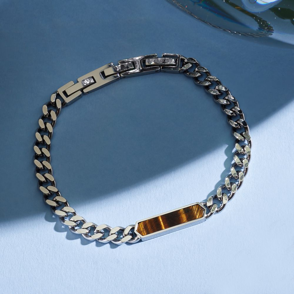 Bracciale Uomo Morellato Terra SBKA05 in Acciaio Silver con Maglia Chain e Inserto in Pietra Occhio di Tigre Marrone 18,5+3 cm - Arena Gioielli - Morellato