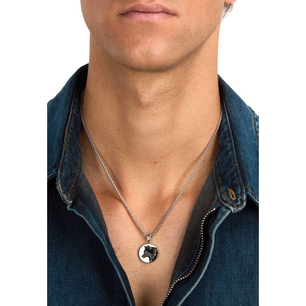 Collana Uomo Morellato Amuleti SBKA09 in Acciaio Silver e Nero con Pendente Simbolo Lupo 50+5 cm - Arena Gioielli