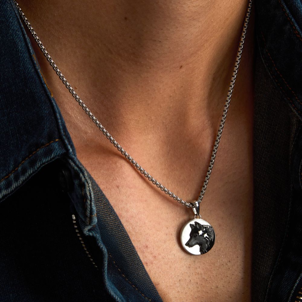 Collana Uomo Morellato Amuleti SBKA09 in Acciaio Silver e Nero con Pendente Simbolo Lupo 50+5 cm - Arena Gioielli