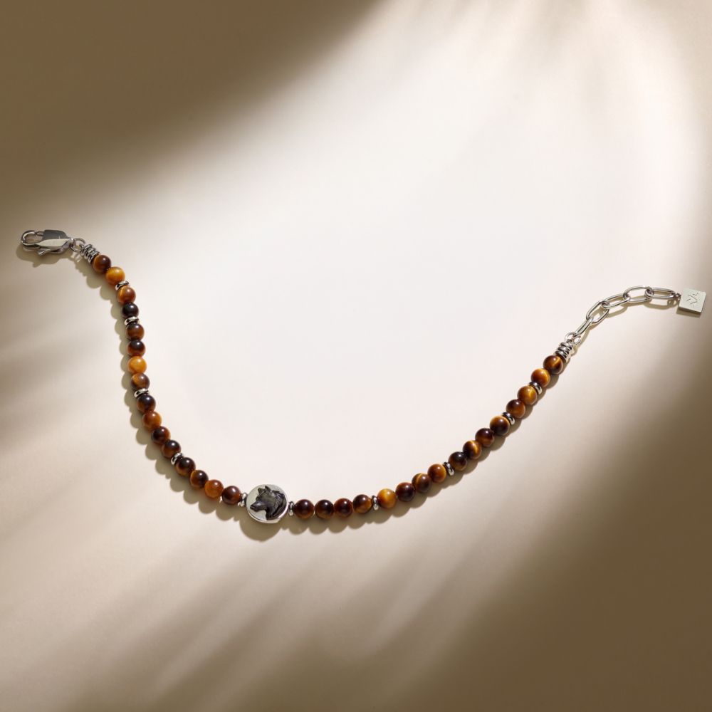 Bracciale Uomo Morellato Amuleti SBKA11 Occhio di Tigre Marrone e Acciaio con Simbolo Lupo 19+3 cm - Arena Gioielli