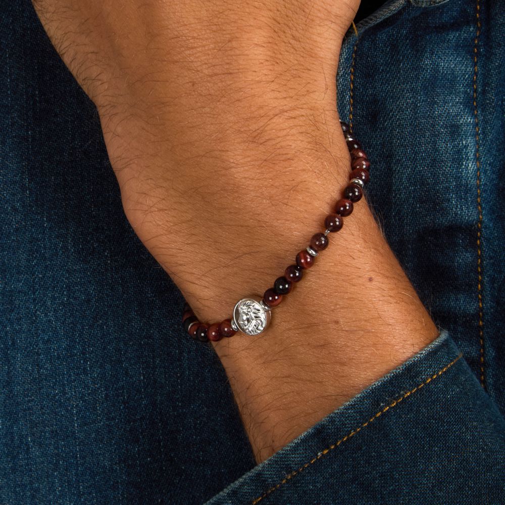 Bracciale Uomo Morellato Amuleti SBKA12 Occhio di Tigre Rossa e Acciaio con Simbolo Leone 19+3 cm - Arena Gioielli - Morellato
