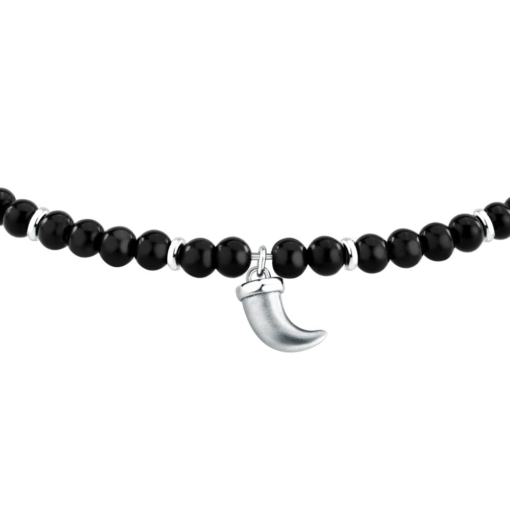 Bracciale Uomo Morellato Amuleti SBKA13 in Pietra Ossidiana Nera e Acciaio con Ciondolo Cornetto 19+3 cm - Arena Gioielli