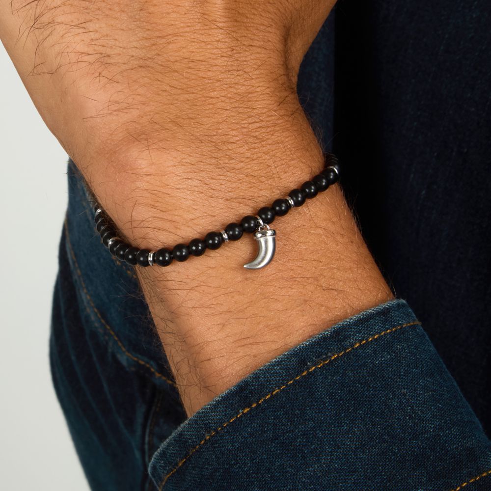 Bracciale Uomo Morellato Amuleti SBKA13 in Pietra Ossidiana Nera e Acciaio con Ciondolo Cornetto 19+3 cm - Arena Gioielli - Morellato
