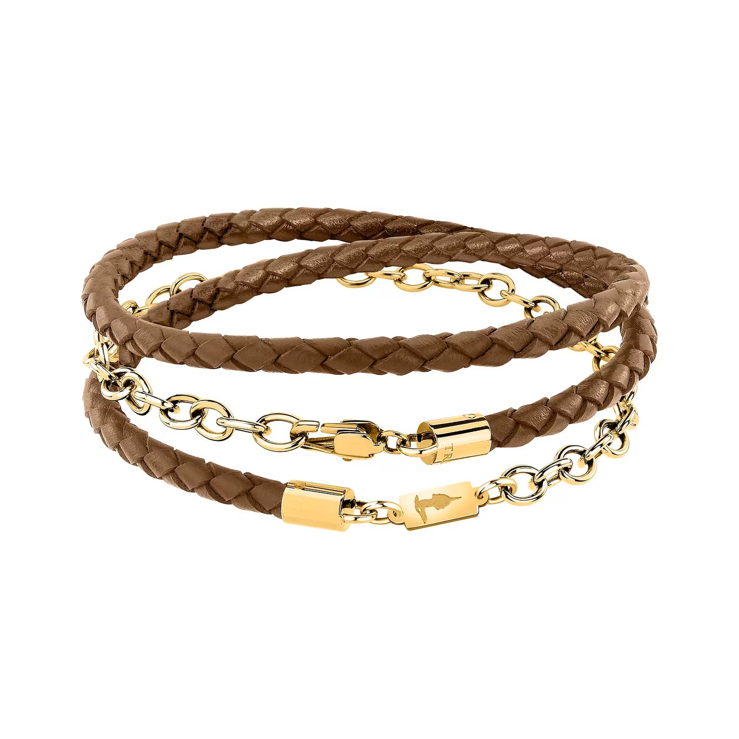 Bracciale Uomo Trussardi T-Leather TJAXZ16 – Multi-giro in Pelle Marrone e Oro - Trussardi